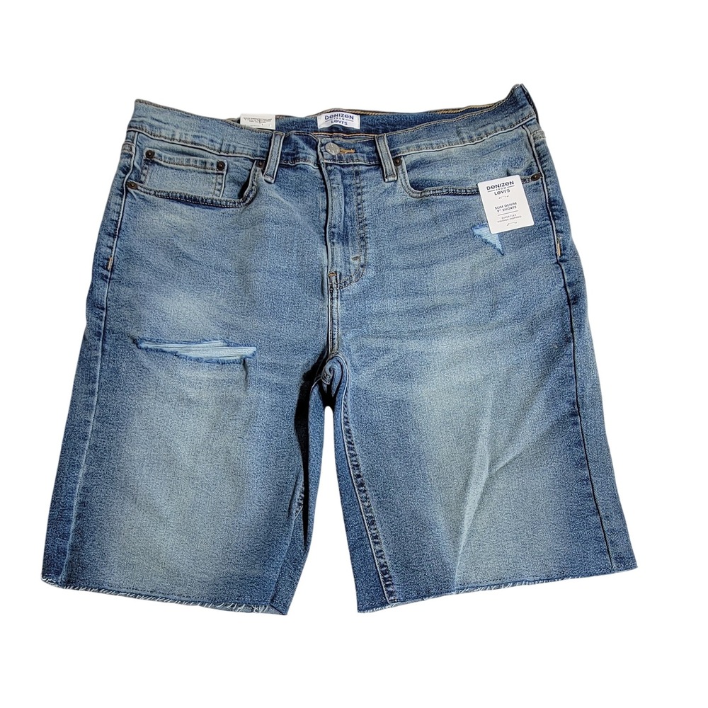 Denizen from Levis Mens Slim Denim Shorts Light Wash Distressed Raw Hem 9 Inseam
